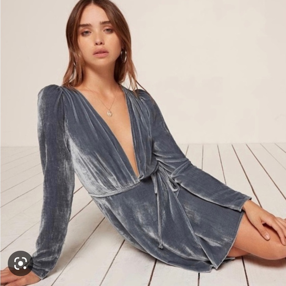 Reformation Chrissy Velvet Wrap Dress Blue XS